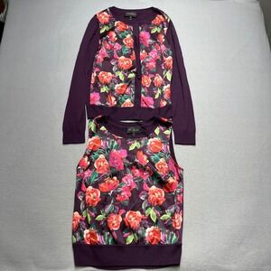 St John Collection Women Purple silk merino Wool Floral Knit Cardigan Set  Small